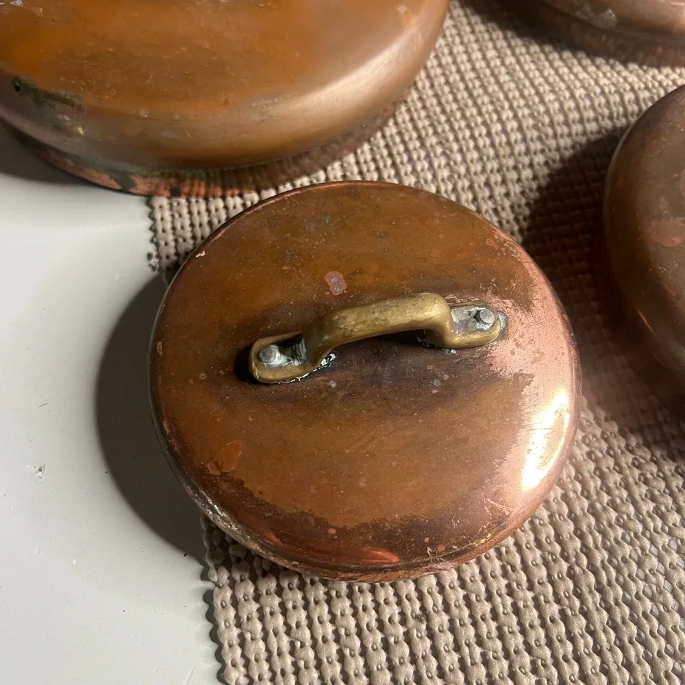 Vintage Copper Pot Lids Set of 4 Brass Handles Tin Lined French Kitchen Decor